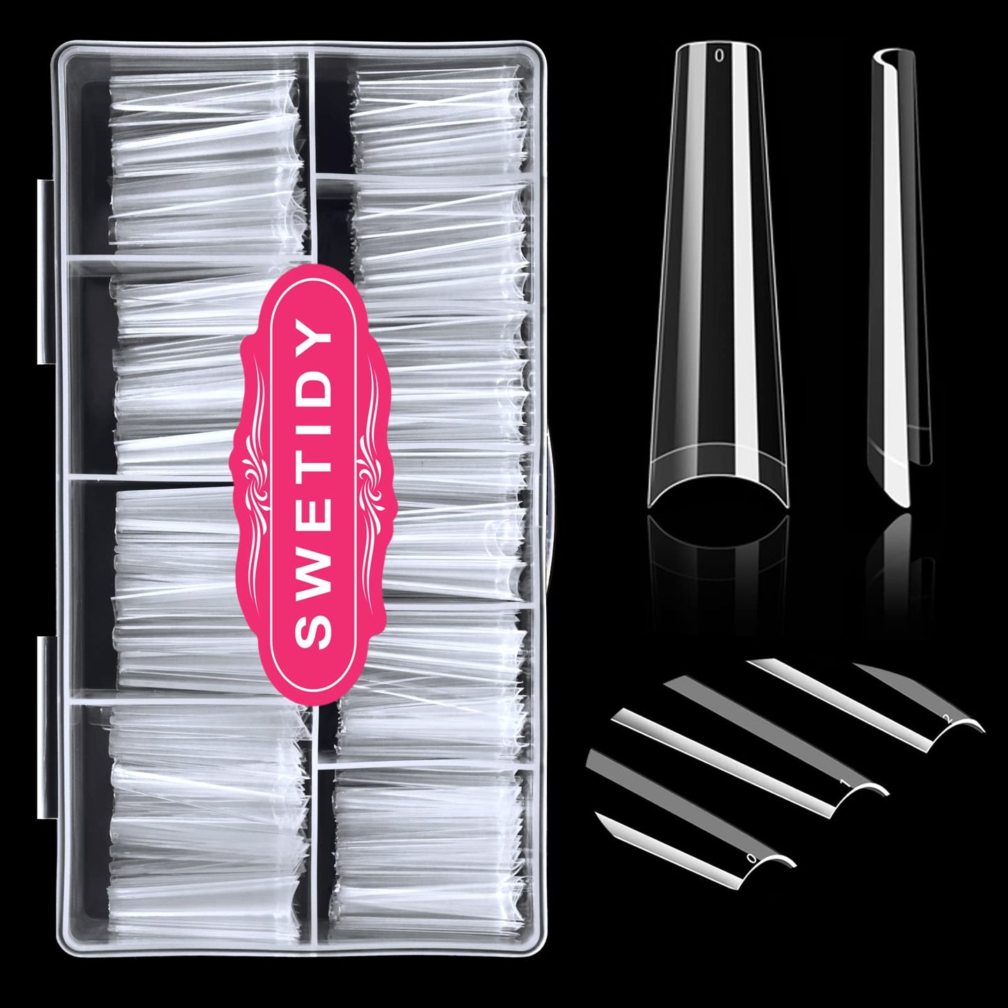 No C Curve 3XL Long Coffin Nail Tips, 420pcs Clear Acrylic Coffin Shape SWETIDY Flattened Half Cover False Nails for Salon&Home DIY French ABS Nail Art Tips,12 Sizes