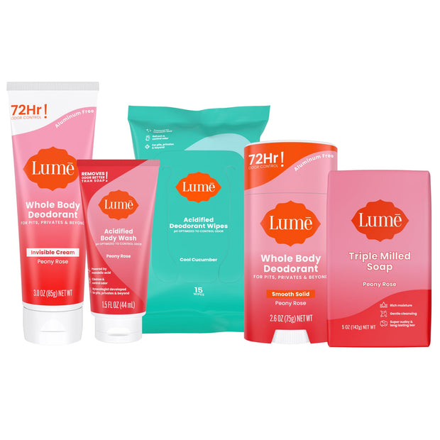 Lume Skin Care Gift Set for Women, Whole Body Deodorant Starter Pack - Smooth Solid Stick, Invisible Cream Tube, Acidified Body Wash Mini & Deodorant Wipes - Aluminum Free Odor Control (Lavender Sage)