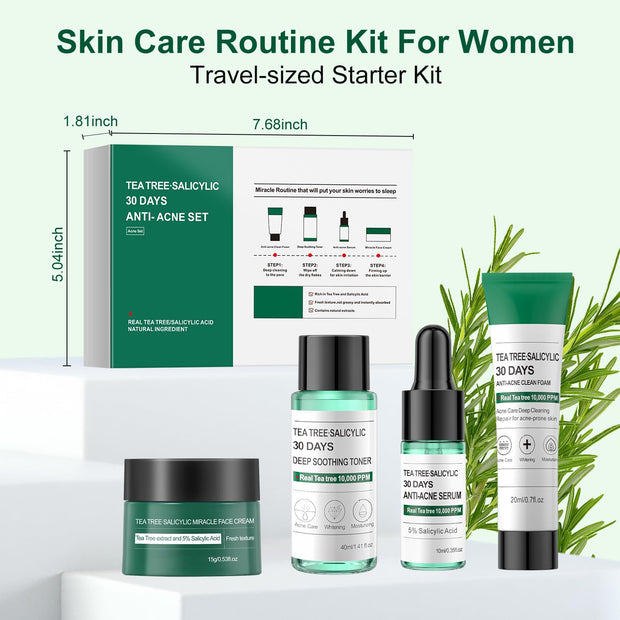Skincare Mini Kit, Tea Tree Skin Care Sets & Kits, Acne Skincare Set Gifts, Anti Acne Facial Kit Gifts for Women,Cleanser, Toner, Serum, Cream,Oil Control Facial Kit, Airplane Friendly Sizes