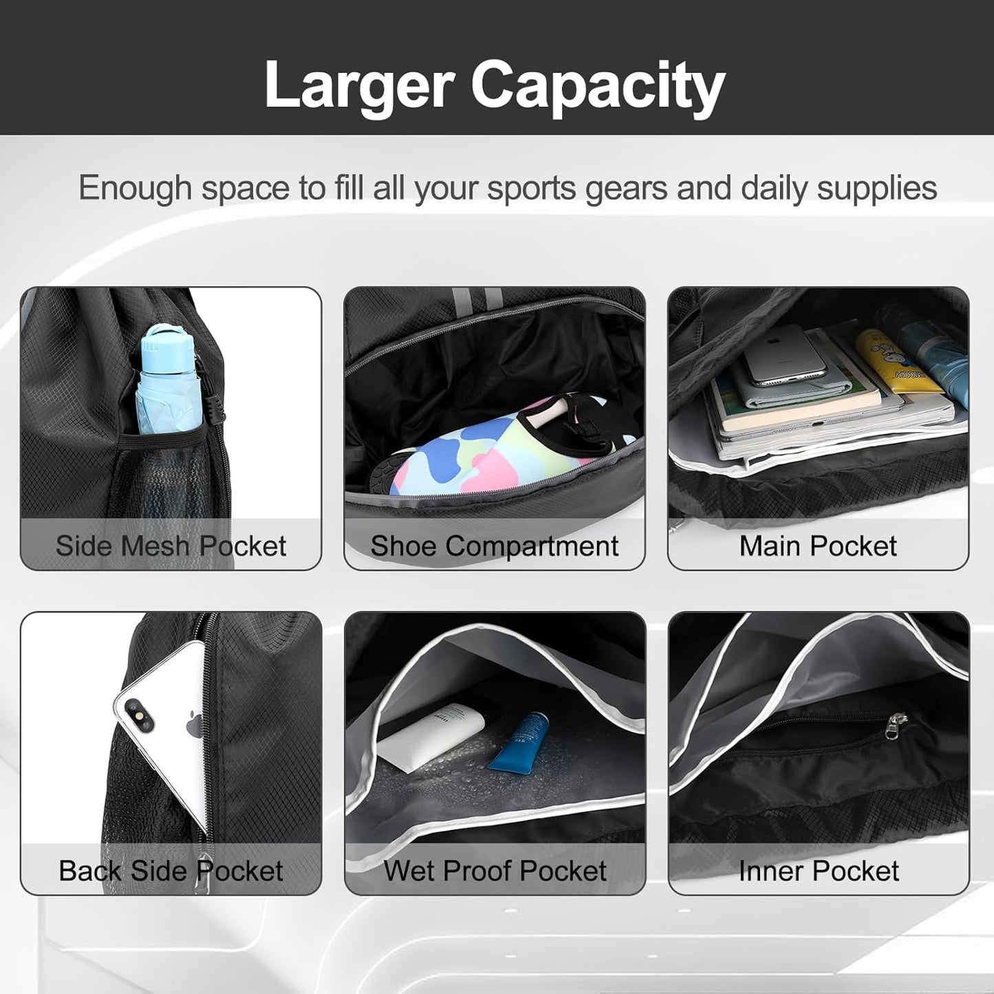 Hoedia Sports Drawstring Backpack - String Swim Gym Bag with Shoes Compartment and Wet Proof Pocket for Women&Men