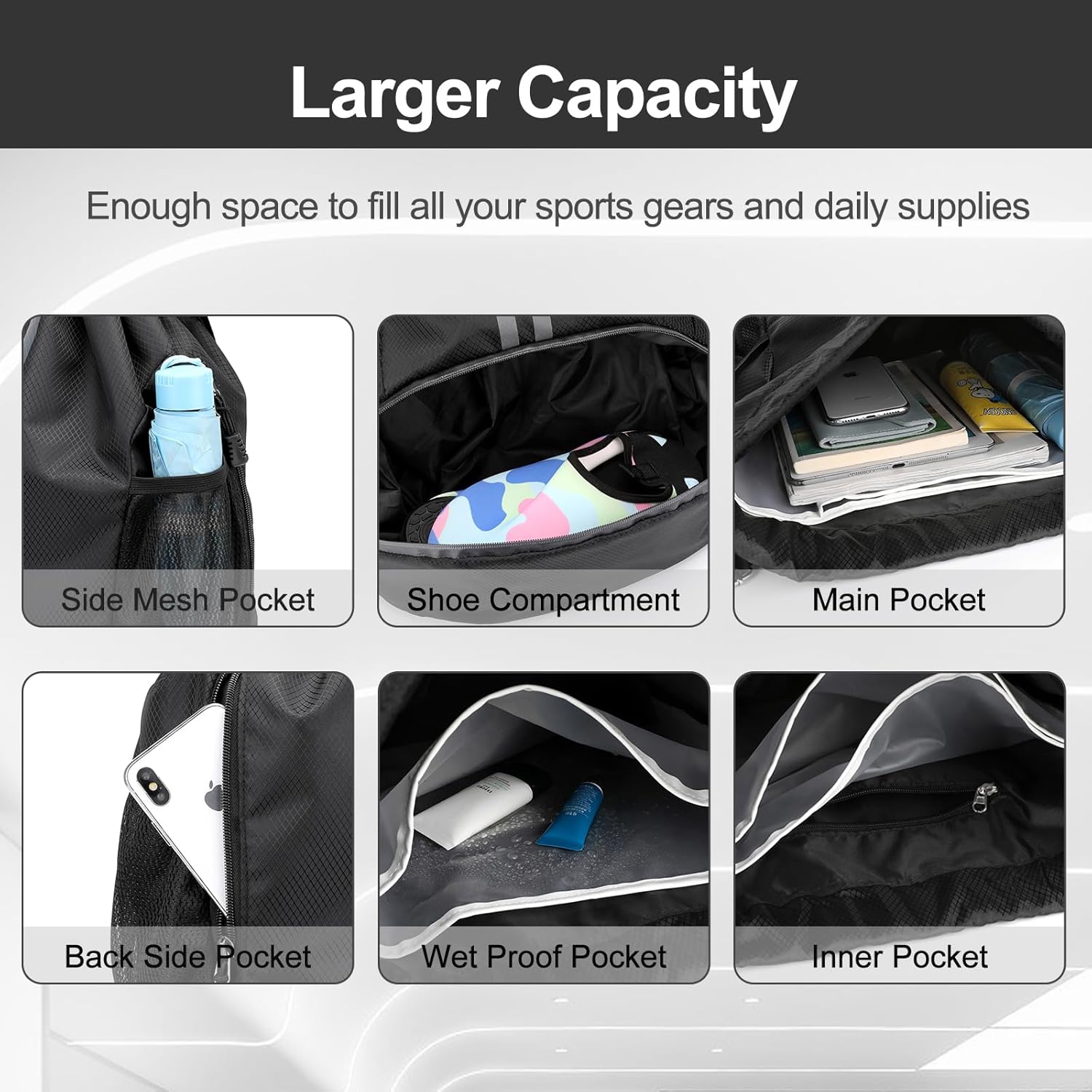 Hoedia Sports Drawstring Backpack - String Swim Gym Bag with Shoes Compartment and Wet Proof Pocket for Women&Men