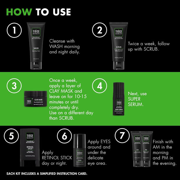 Tiege Hanley Men’s Skin Care Set, Rejuvenation Routine (System Level 5) – Face Wash, Scrub, Moisturizer, Eye Cream, Serum, Clay Mask, Retinol Stick & PM Moisturizer for Anti-aging