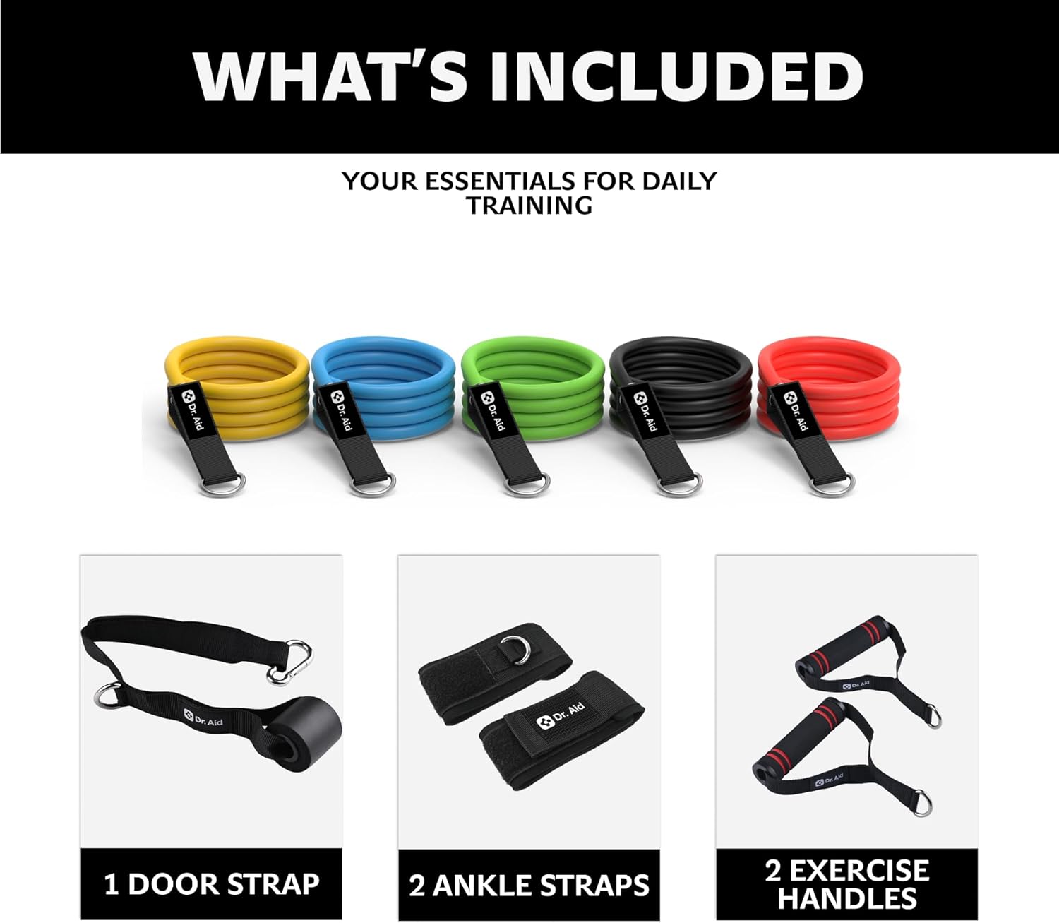 Dr. Aid Resistance Bands Set – 5 Stackable Workout Bands with Handles, Pure Latex, High Elasticity & Tear Resistant – Smell-Free Full-Body Exercise Bands for Rehab, Basic Training & Strength Workouts