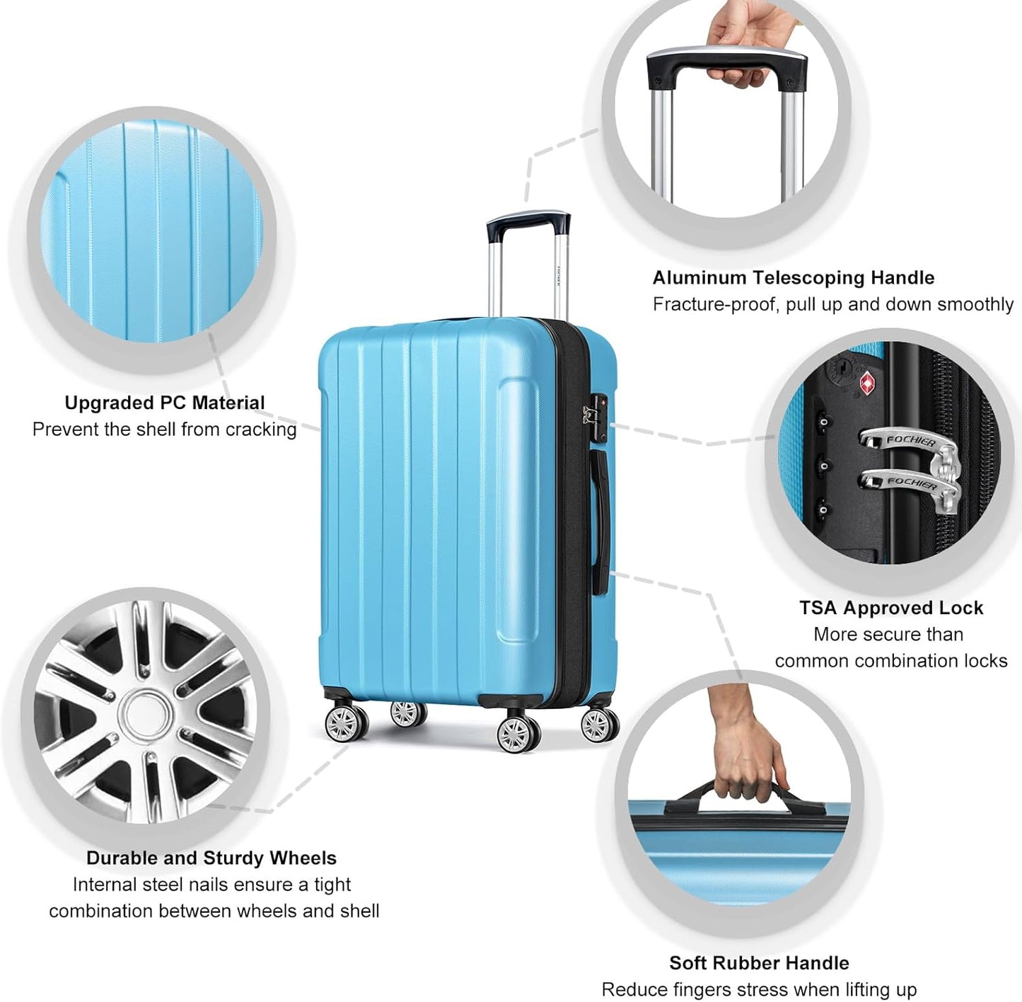 FOCHIER F Luggage Sets, Expandable 3 piece Hard Shell Luggage Set with TSA Lock, PC+ABS Hardside Travel Suitcase with Wheels for Women Men 20 24 28 Inch (Blue)