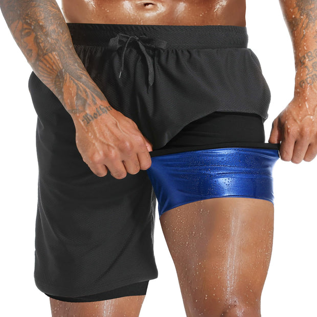 Sauna Shorts for Men 2 in 1 Sweat Shorts Men Sauna Suit Compression Liner Athletic Workout Pants with Pockets
