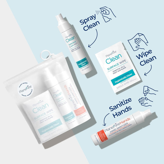 Travel Essentials | Hygiene Kit | Travel Toiletry Kit | Travel Size | Spray Hand Sanitizer Tangerine Coriander Scent | Surface Wipes | Individual Travel Wipes | Surface Cleaner | With Essential Oils