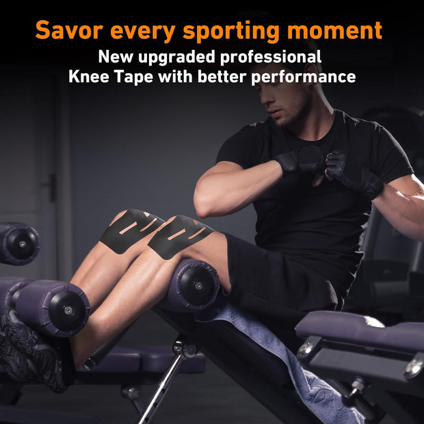 PreCut Kinesiology Tape for Knees, 12PCS Upgraded Waterproof KTQUICK Knee Tape for Knee Pain Relief Pre Cut, Original Cotton Athletic Knee Tape, Waterproof&Hypoallergenic Latex-Free for Sports (Black)