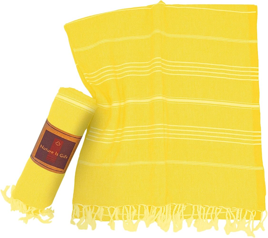 Beach Towel 100% Cotton Turkish Beach Towel Adult 38x70 Inch Pre-washed Absorbent Extra Large|Sand Free Quick Dry BathTowels|Lightweight Blanket|Travel Cruise Camping Spa Gym Yoga Sports Towel|Yellow