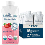 KATE FARMS Organic Nutrition Shake, Strawberry, 16g of Protein, 27 Vitamins and Minerals, Meal Replacement, Protein Shake, 11 Fl oz (6 Pack)