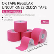 OK TAPE Kinesiology Tape, Regular Original Cotton Elastic Athletic Tape for Support and Recovery, Sports Tape, 2in×16.4ft Uncut Roll - Pink