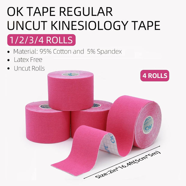 OK TAPE Kinesiology Tape, Regular Original Cotton Elastic Athletic Tape for Support and Recovery, Sports Tape, 2in×16.4ft Uncut Roll - Pink