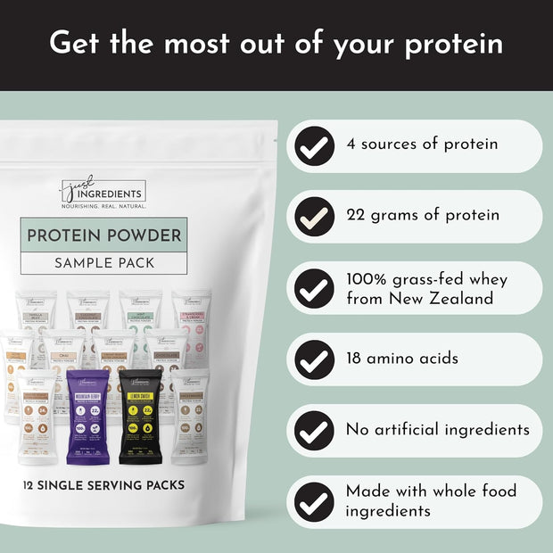 Protein Powder Made with 100% Grass Fed, Non Denatured Whey | Four Different Protein Sources from Organic Whole Food Ingredients | 12 Servings | 22g Protein (12 Servings, Sample Variety Pack)