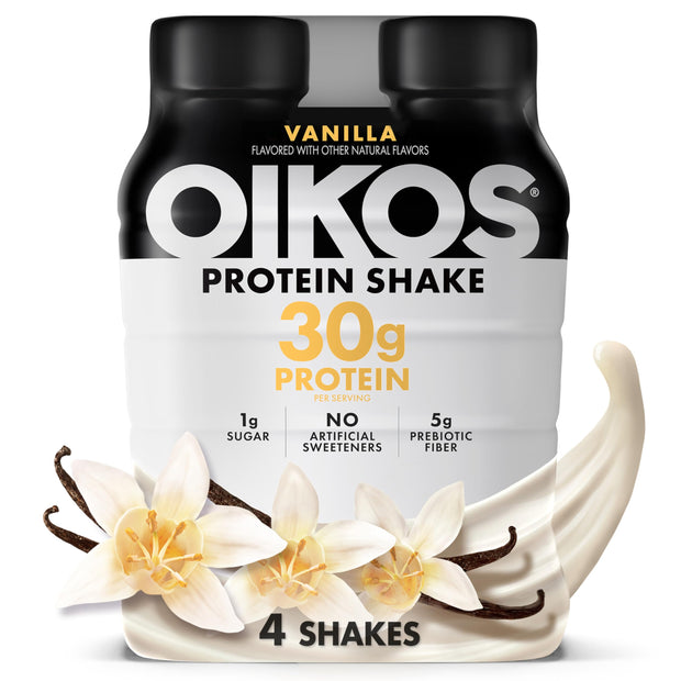 Oikos Protein Shake, Chocolate, 30g High Protein Drinks, Shelf Stable, Ready to Drink, 5g Prebiotic Fiber, 12 fl oz Bottle, 12 Count​