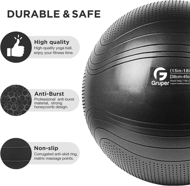 Yoga Ball, 18-30 Inch Extra Thick Exercise Ball for Workout Fitness Balance, Anti Burst Chair for Home and Office Desk, Includes Hand Pump & Workout Guide Access