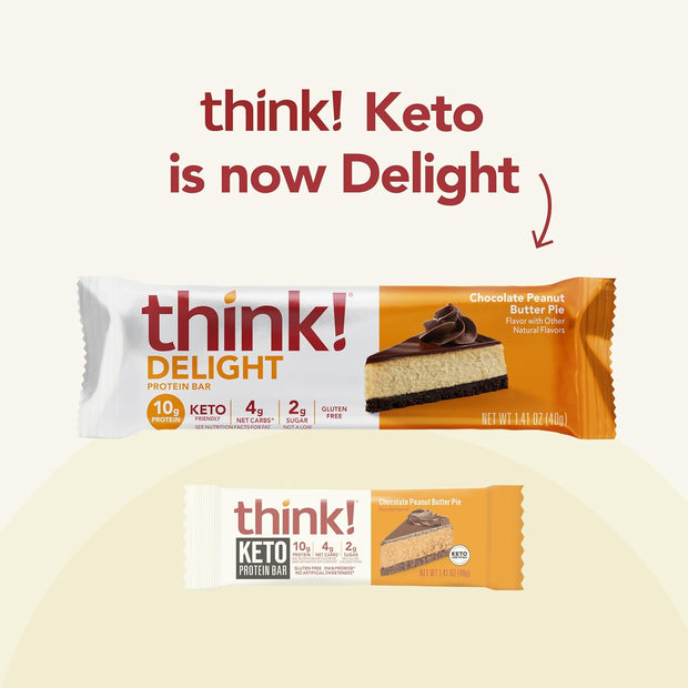think! Delight Protein Bars, Chocolate Peanut Butter Pie, Low Sugar & Low Carb Gluten-Free Snack, Keto Friendly Snacks, 12 Count (Packaging May Vary)