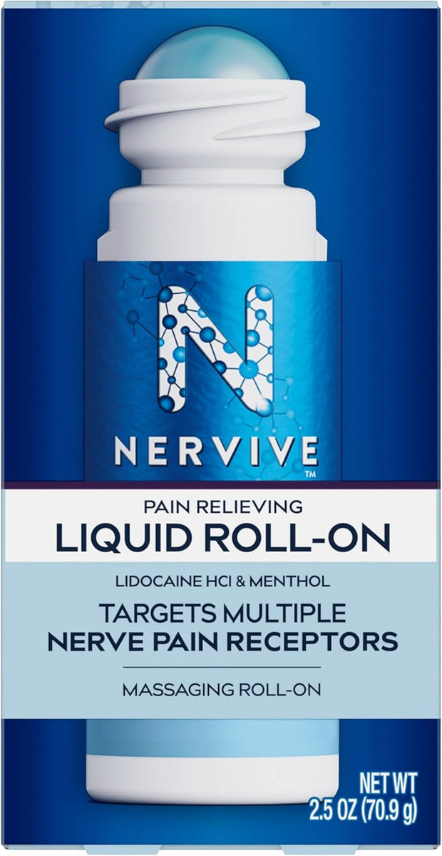 Nervive Pain Relieving Roll On Liquid, Max Strength No-Mess Topical Pain Reliever with Lidocaine and Menthol for Toes, Feet, Fingers, Hands, Legs & Arms, 2.5oz