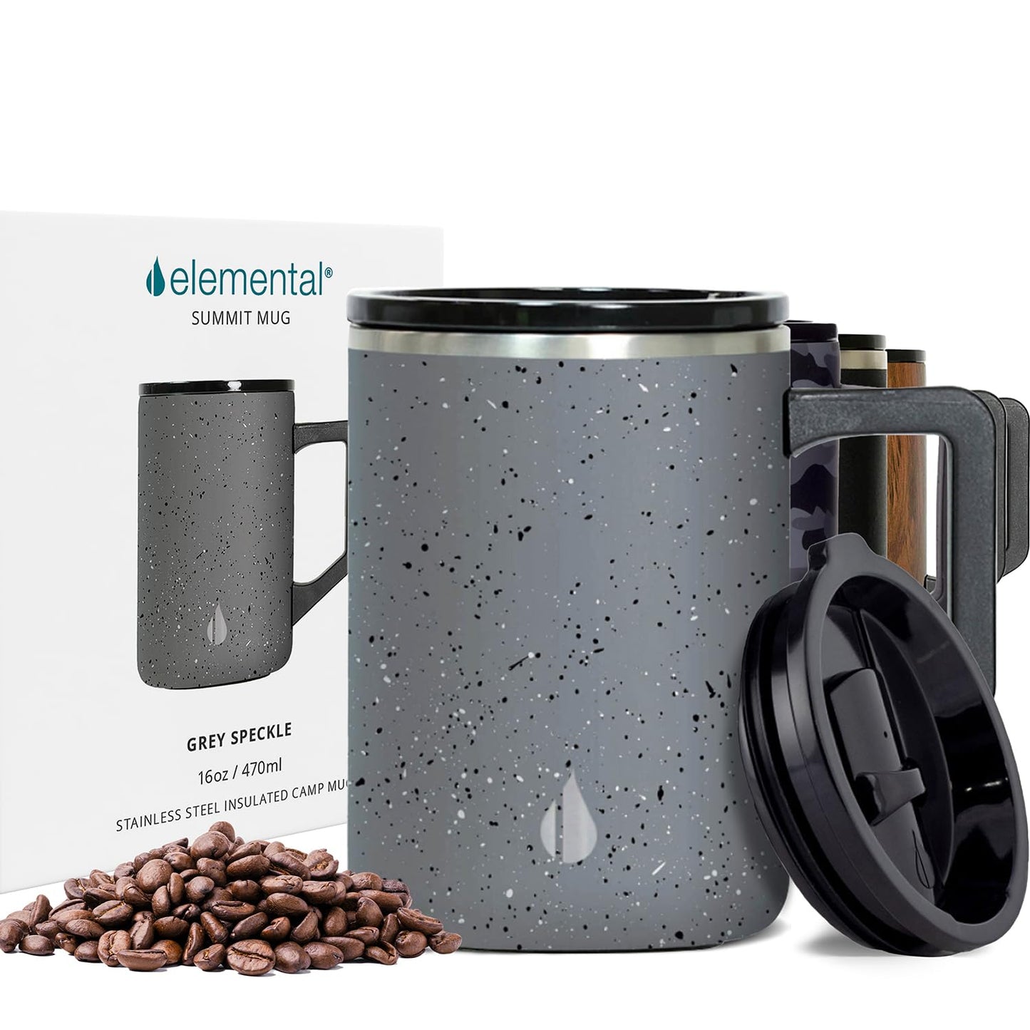Elemental Insulated Coffee Mug - Triple-Wall Stainless Steel Summit Travel Cup for Hot and Cold Drinks - Thermal Coffee Mug with Lid and Handle for Camping, Office & Travel 12oz - Grey Speckle