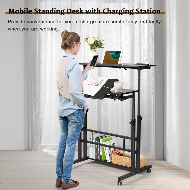 Hadulcet Stand Up/Adjustable Mobile Standing Laptop Desk - Rolling Computer Cart with Wheels & Charging Station, TV Tray, Small Drawing Desk