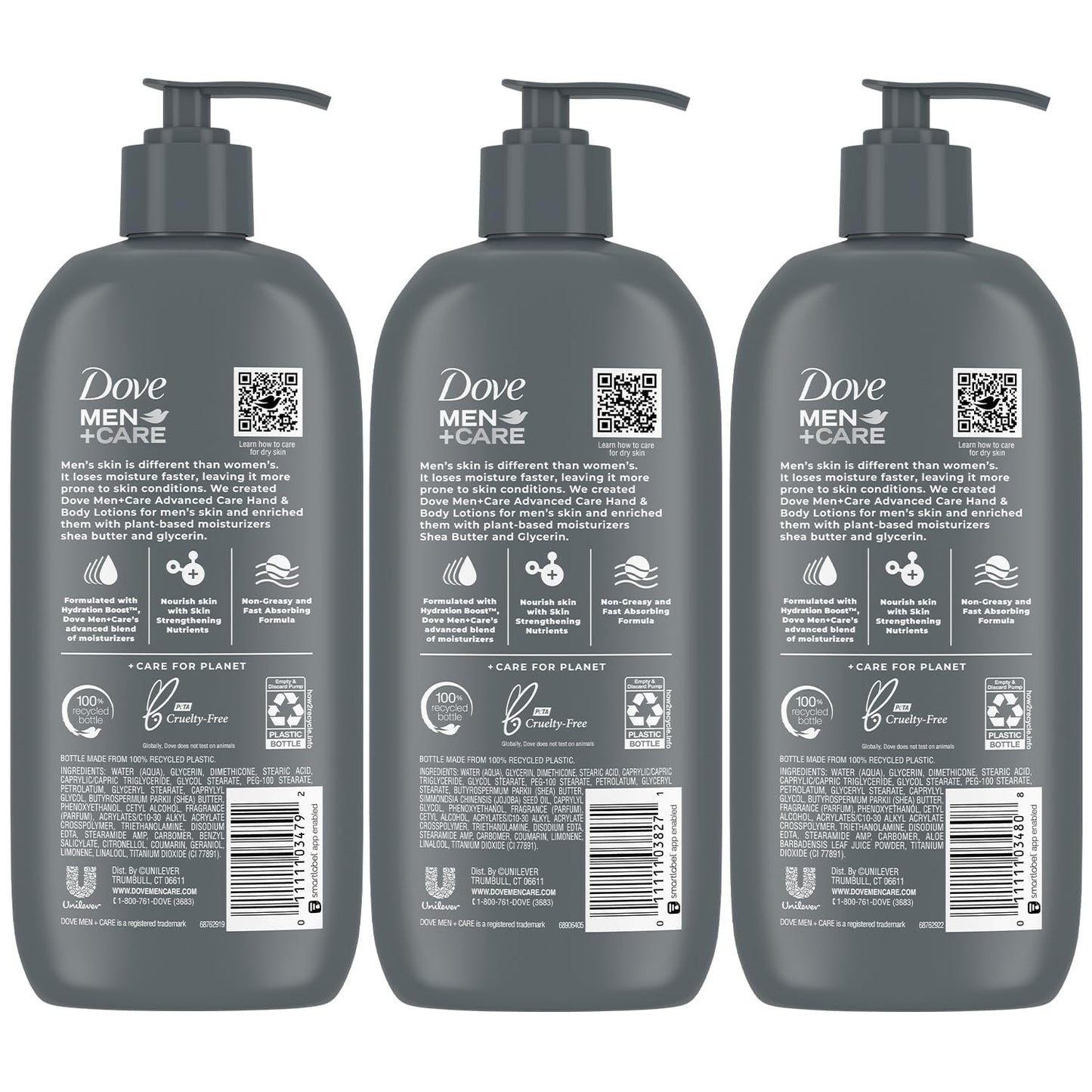 Dove Hand & Body Lotion, Men+Care Variety Pack – Rough Dry Skin Comfort with Shea Butter, Sensitive Skin Comfort with Aloe Vera, Everyday Skin Comfort with Jojoba Oil, 13.5 Oz Ea (3 Piece Set)
