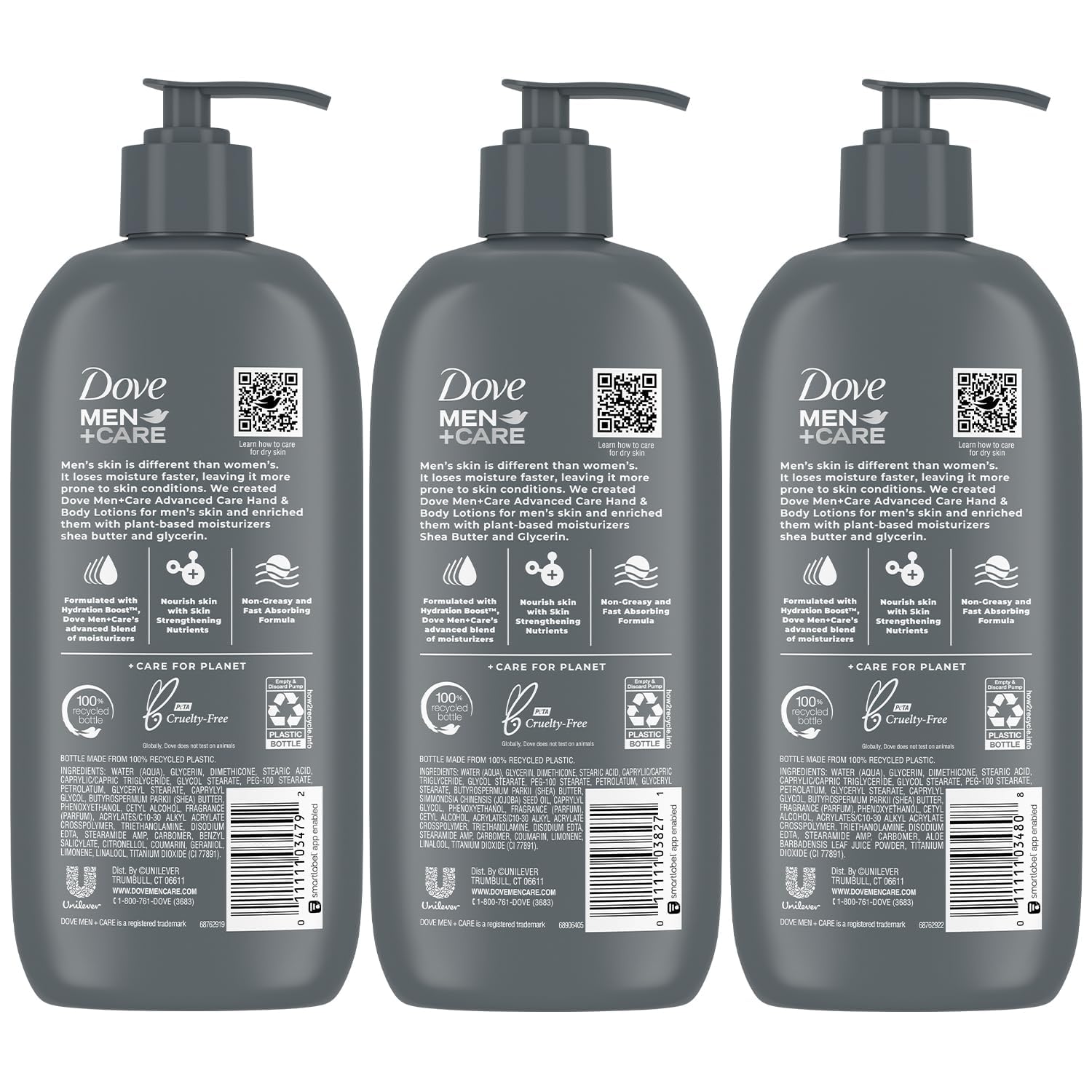 Dove Hand & Body Lotion, Men+Care Variety Pack – Rough Dry Skin Comfort with Shea Butter, Sensitive Skin Comfort with Aloe Vera, Everyday Skin Comfort with Jojoba Oil, 13.5 Oz Ea (3 Piece Set)