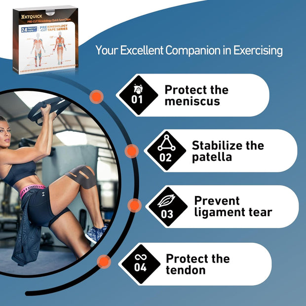 PreCut Kinesiology Tape for Knees, 12PCS Upgraded Waterproof KTQUICK Knee Tape for Knee Pain Relief Pre Cut, Original Cotton Athletic Knee Tape, Waterproof&Hypoallergenic Latex-Free for Sports (Black)