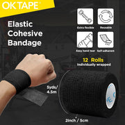 OK TAPE 12 Rolls Self Adhesive Bandage Wrap, Elastic Athletic Tape, Self Stick Bandage Tape, Vet Wrap, Medical Wrap for Wrist, Feet, 2" x 5 Yards - White