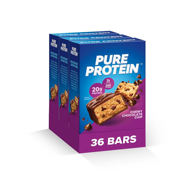 Pure Protein Bars, High Protein, Nutritious Snacks to Support Energy, Low Sugar, Gluten Free, Chewy Chocolate Chip, Pack of 36