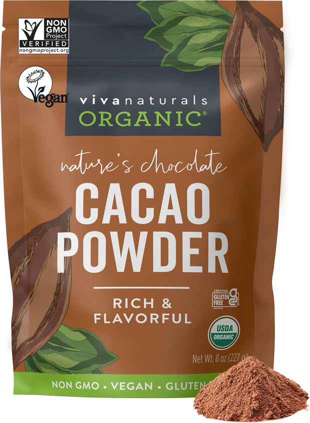 Viva Naturals Organic Cacao Powder, 1lb - Unsweetened Cacao Powder With Rich Dark Chocolate Flavor, Perfect for Baking & Smoothies, Non-GMO, Certified Vegan & Gluten-Free, 454 g
