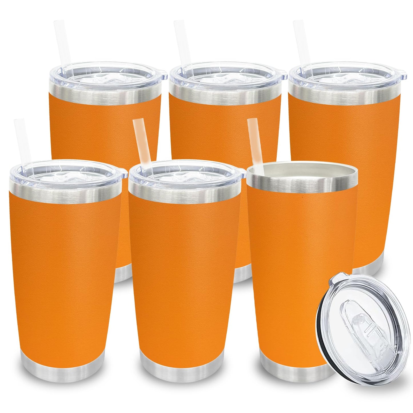 20 oz Tumblers Bulk, Stainless Steel Tumbler with Lid and Straw, Vacuum Double Wall Insulated Travel Coffee Mug with Sliding Lid, Powder Coated Cup for Hot and Cold Drinks (Stainless,6 pack)