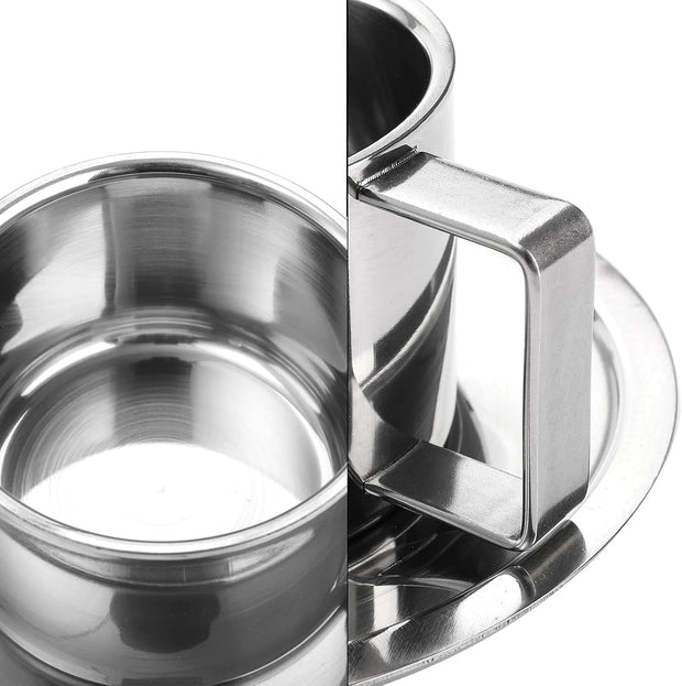 ZENFUN 4 Pack 6.8 oz Coffee Cups Set, 18/8 Stainless Steel Espresso Cup with Saucer and Spoon, Cute Coffee Mugs with Handle, Drinkware Cup for Latte, Cappuccino, Milk, Tea