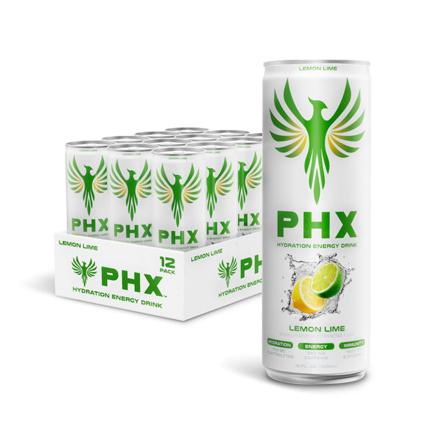 PHX Hydration Energy Drink - 700mg Electrolytes, 200mg Natural Green Tea Caffeine, 100% Daily Value 8 Essential Vitamins - 12 oz Cans (12 Pack) (12 Pack, Watermelon Lime)