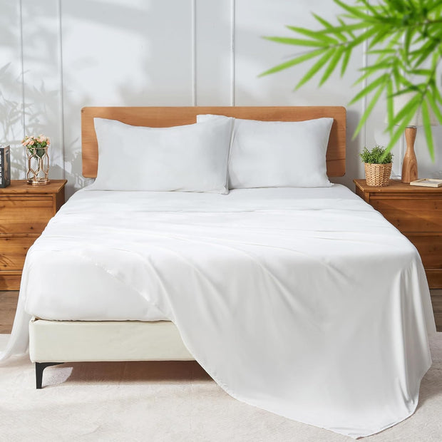 100% Rayon Derived from Bamboo Sheet Sets King Size, Organically Growth, Silky Soft & Cooling, 4 Piece (1 Fitted Sheet, 1 Flat Sheet and 2 Pillowcases) White Bedding Set with 15" Deep Pocket