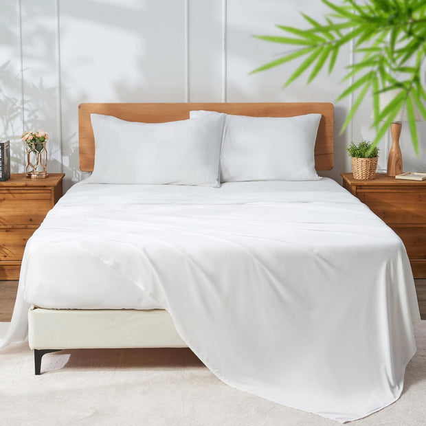 100% Rayon Derived from Bamboo Sheet Sets King Size, Organically Growth, Silky Soft & Cooling, 4 Piece (1 Fitted Sheet, 1 Flat Sheet and 2 Pillowcases) White Bedding Set with 15" Deep Pocket
