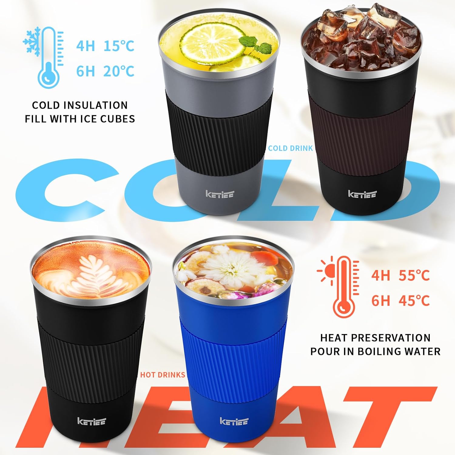 KETIEE Travel Coffee Mug Spill Proof 12oz, Insulated Reusable Coffee Cups with Seal Lid, Vacuum Stainless Steel Travel Mug to Go Car Tumbler for Hot/Ice Drinks (Grey)