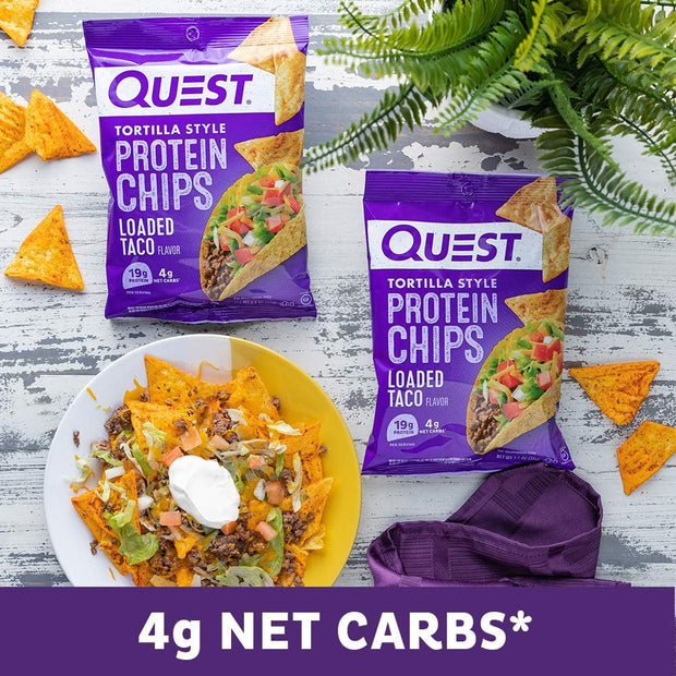 Quest Nutrition Loaded Taco Tortilla Style Protein Chips, 19g Protein, 4g Net Carb, Low Carb, Gluten Free, 1.1 oz (Pack of 12)