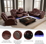 Living Room Set Brown Breathing Leather Sofa Living Room Furniture Set Power Recliner Manual Sofa,Loveseat and Chair with Cup Holders/Storage Console/LED Light for Living Room