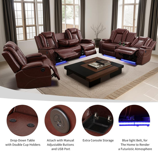 Living Room Set Brown Breathing Leather Sofa Living Room Furniture Set Power Recliner Manual Sofa,Loveseat and Chair with Cup Holders/Storage Console/LED Light for Living Room
