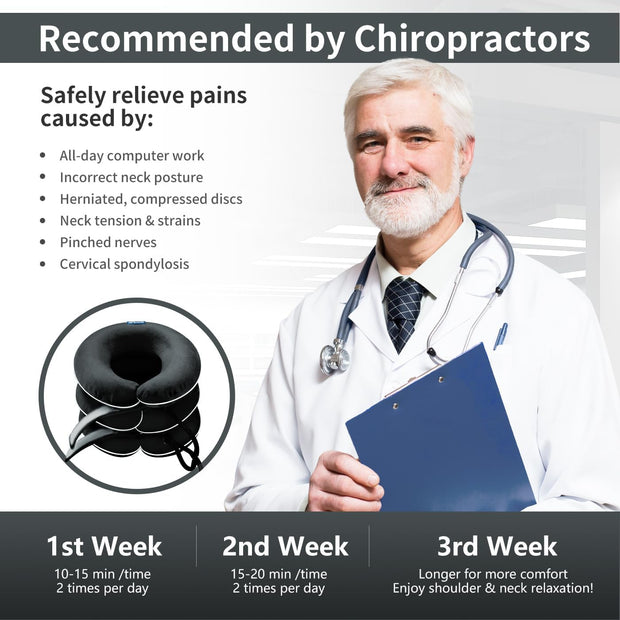 S Cervical Neck Traction Device for Neck Pain Relief - Inflatable Neck Stretcher Collar for Decompression - Best Home Use Neck Brace Pump (Black Plush)