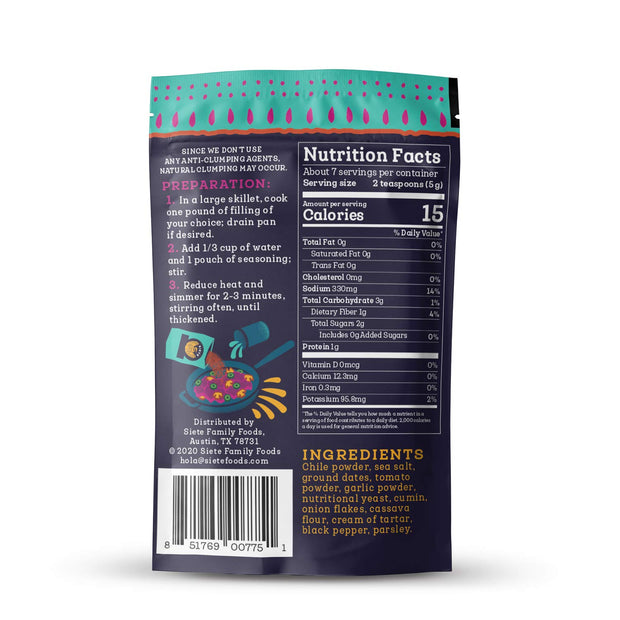 Siete Mild Taco Seasoning Mix | Gluten Free | Vegan | Paleo | Preservative Free | Whole 30 Approved (1 Packet)