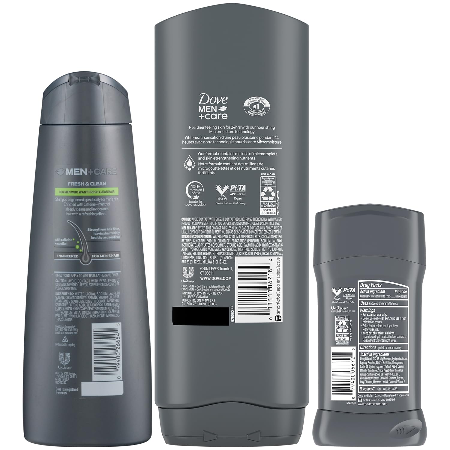 Dove Men + Care Bundle – Extra Fresh Body Wash & 72H Deodorant + Fresh + Clean 2-in-1 Shampoo and Conditioner, Citrus Scent (3 Piece Set)