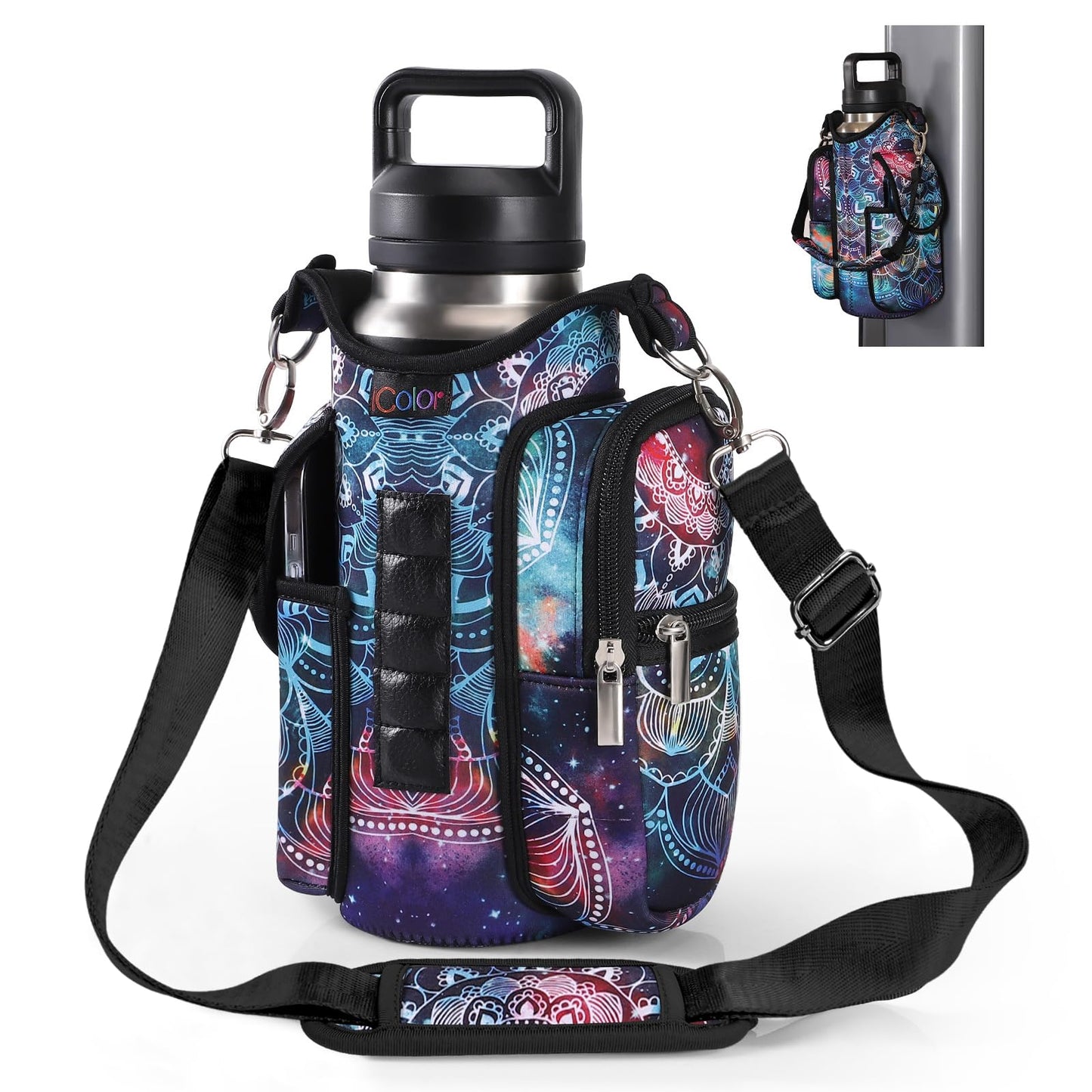 icolor Magnetic Gym Bag Water Bottle Carrier Holder with Phone Pockets & Shoulder Strap,5 Built-in Magnets Gym Bottle Pouch Sleeve,Magnetic Bag Gym Accessories Organizer for Men Women