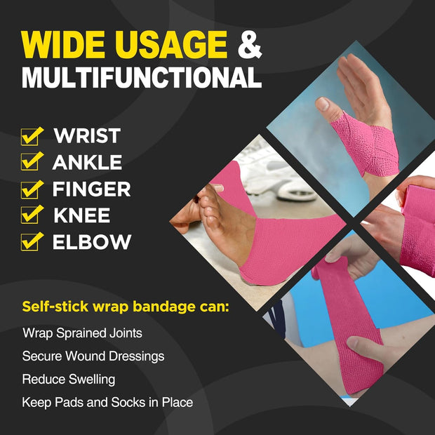 OK TAPE 12 Rolls Self Adhesive Bandage Wrap, Elastic Athletic Tape, Self Stick Bandage Tape, Vet Wrap, Medical Wrap for Wrist, Feet, 2" x 5 Yards - Black