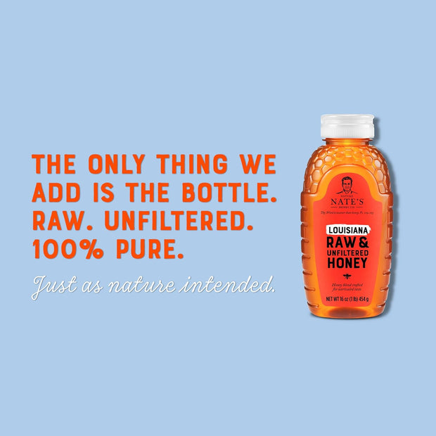Nate's Louisiana 100% Pure, Raw & Unfiltered Honey - 12 oz. Honey Bear Bottle - All-natural Sweetener