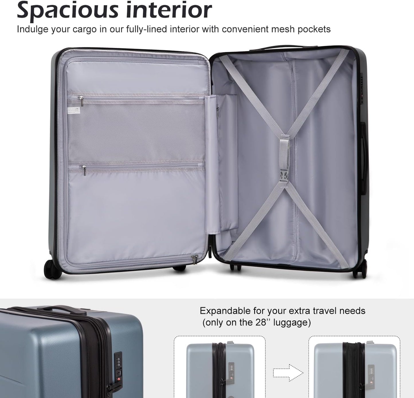 COOLIFE Luggage Suitcase Piece Set Carry On ABS+PC Spinner Trolley with pocket Compartmnet Weekend Bag(Night navy, 2-piece Set)