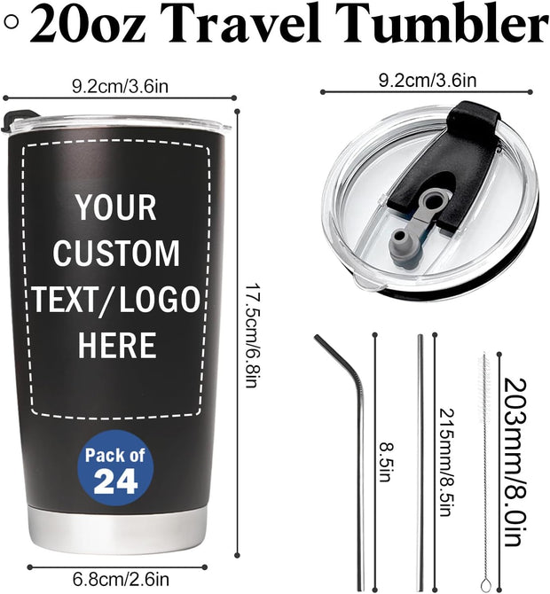 Personalized Bulk Stainless Steel Tumblers 20 oz - Set of 6/12/24/48 - Custom Photo Tumblers Bulk Packaging - Personalzied Tumbler with Logo & Text - Personalized Tumbler Wholesale