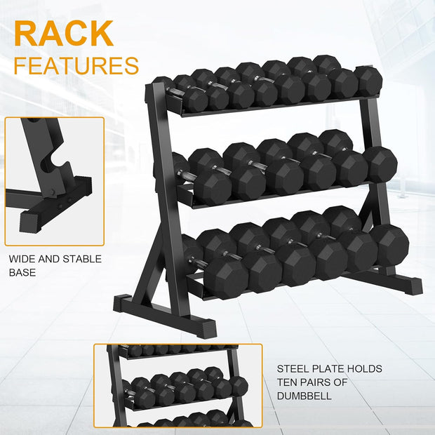 Premium Rubber Coated Hex Dumbbell Weight Set with Rack, Multiple Packages,210LB/350LB/450LB/550LB Set for Home Gym, Hand Weights for Muscle Toning, Strength Building & Full Body Workout