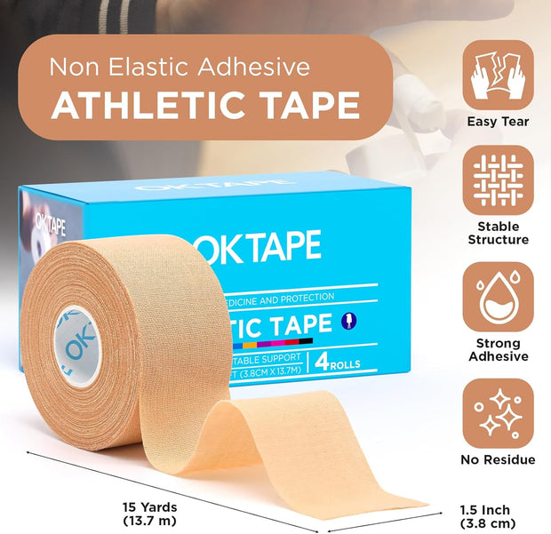 OK TAPE 4 Rolls Athletic Tape, Sports Tape for Injuries, Rigid, Easy Tear Medical Tape, Wrist Tape, No Sticky Residue | Secure Ankle, Finger, Knee- 1.5inch x 15yards (Purple)