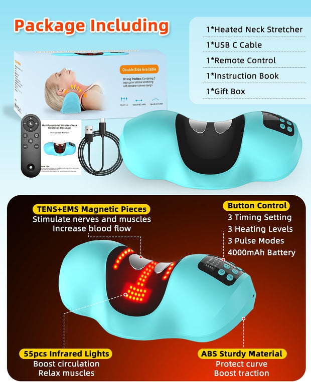 Wireless Heated Neck Stretcher, Cordless Neck Shoulder Cervical Traction Device with 3 Heating Levels, 3 Massager Modes, Timmer for Muscle Relax Hump Corrector