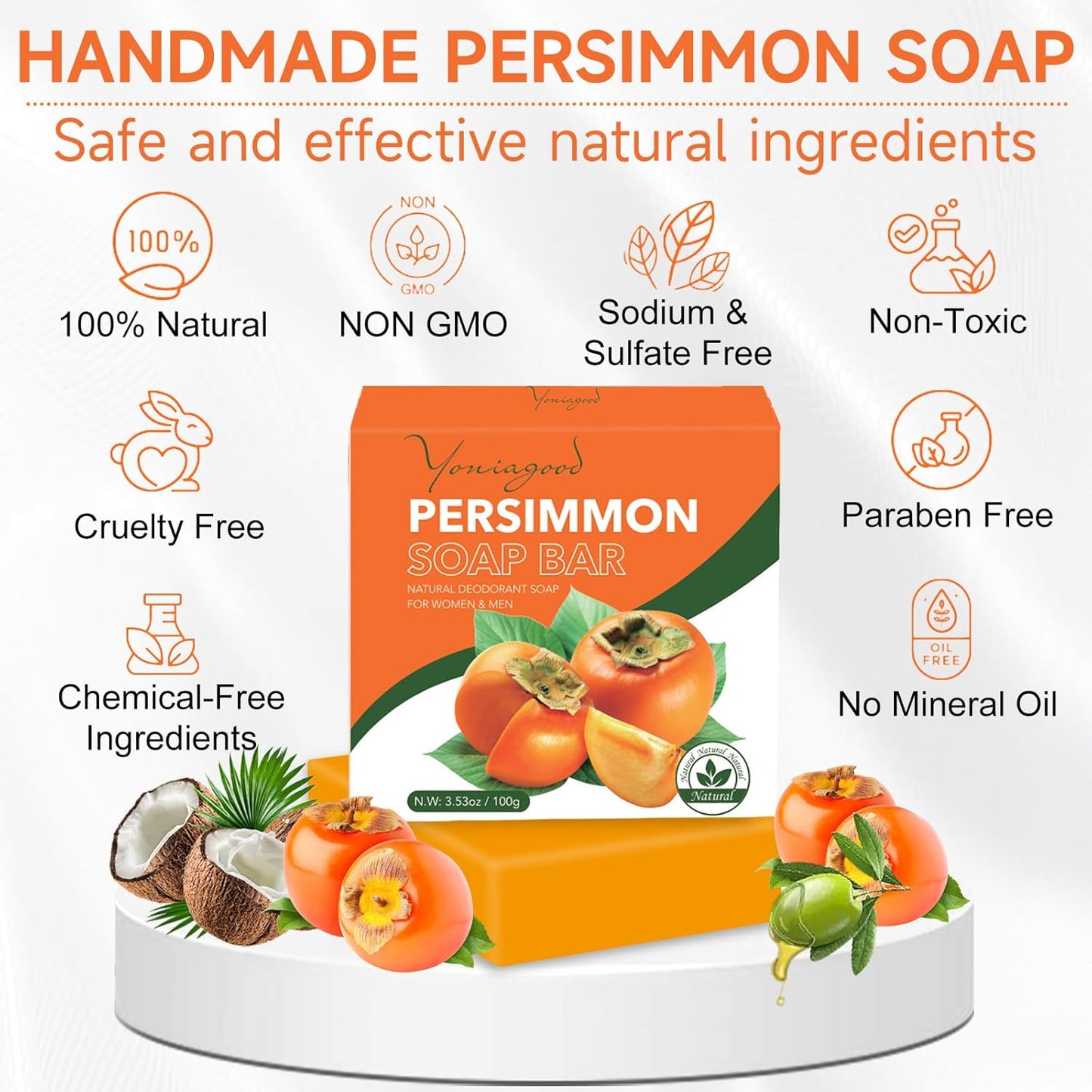 3 PCS Persimmon Soap Bar for Body Odor Control, Natural Deodorant Body Bar Soap for Old People Smell, Remove Strong Smell, Organic Eliminating Odor Wash Soap for Women & Men