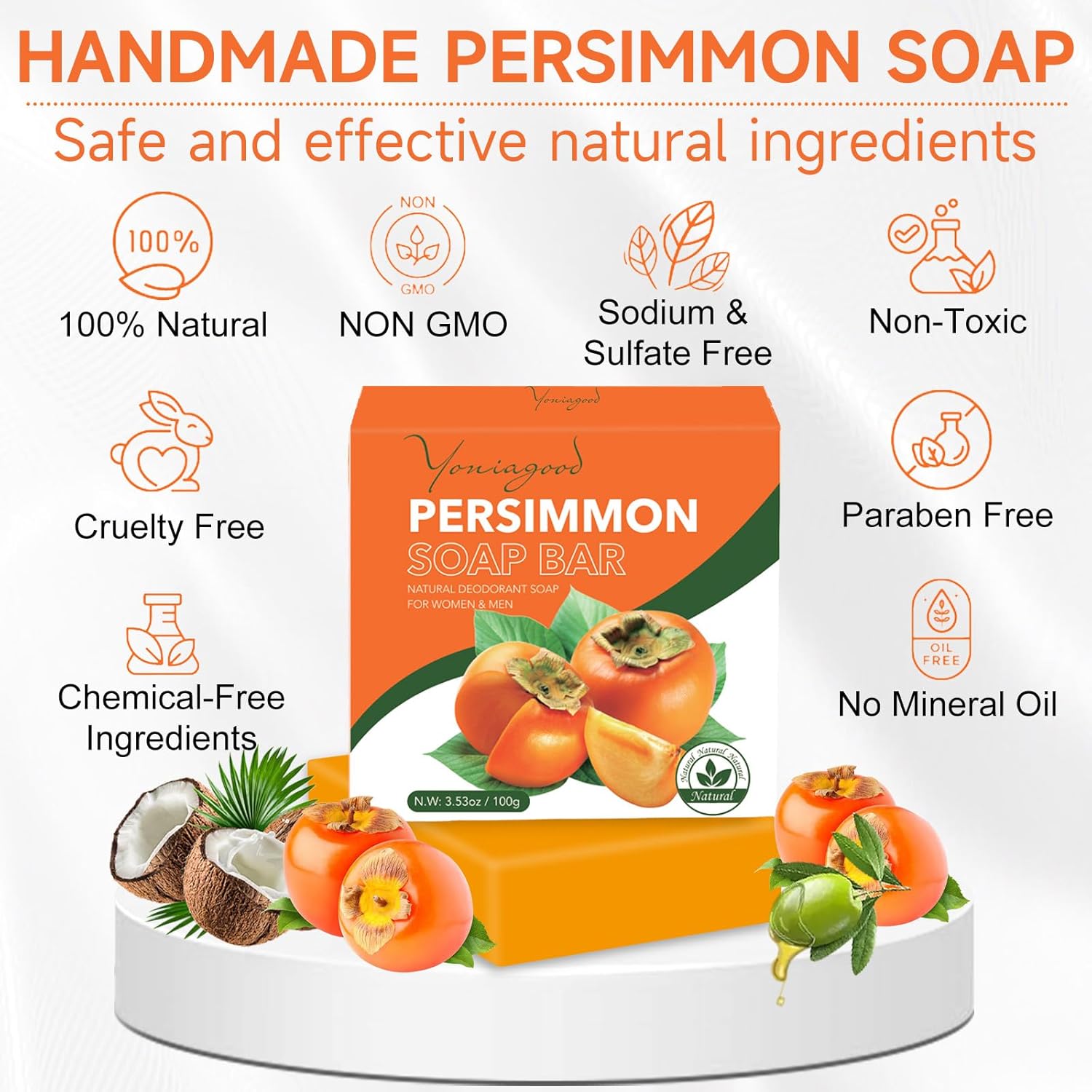 3 PCS Persimmon Soap Bar for Body Odor Control, Natural Deodorant Body Bar Soap for Old People Smell, Remove Strong Smell, Organic Eliminating Odor Wash Soap for Women & Men